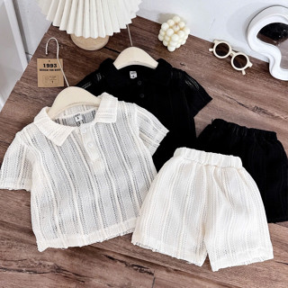 ชุดแขนสั้นเด็กผู้ชายชุดตาข่าย แล็บ พร้อมปลอกคอ ผ้านิ่มสีดําแ…