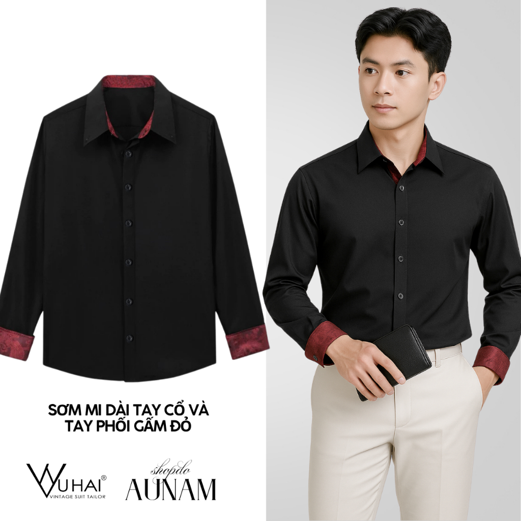 เสื้อเชิ้ตสีดําขอบโบรเคดสีแดง - ผ้าฝ้ายยืด - slimfit Form - VuHai