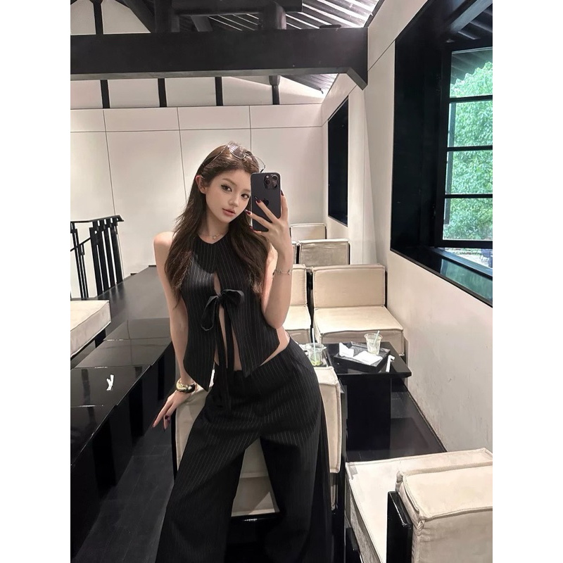 ชุดรอบคอลายสก๊อต Bow Tie Gilet กับ TIBU กางเกงขากว้างชุด Chic ชุดสตรีสําหรับปาร์ตี้ฤดูร้อน Outings B485 - รูปที่ 2