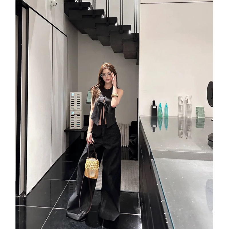 ชุดรอบคอลายสก๊อต Bow Tie Gilet กับ TIBU กางเกงขากว้างชุด Chic ชุดสตรีสําหรับปาร์ตี้ฤดูร้อน Outings B485 - รูปที่ 4