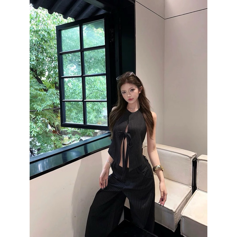 ชุดรอบคอลายสก๊อต Bow Tie Gilet กับ TIBU กางเกงขากว้างชุด Chic ชุดสตรีสําหรับปาร์ตี้ฤดูร้อน Outings B485 - รูปที่ 5