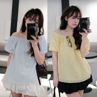 Áo Ren Tay Bồng Chất Liệu Thô Boi 2 Lớp Họa Tiết Thêu Hoa Mặc được 2 Kiểu Trễ Vai & Cổ Tròn