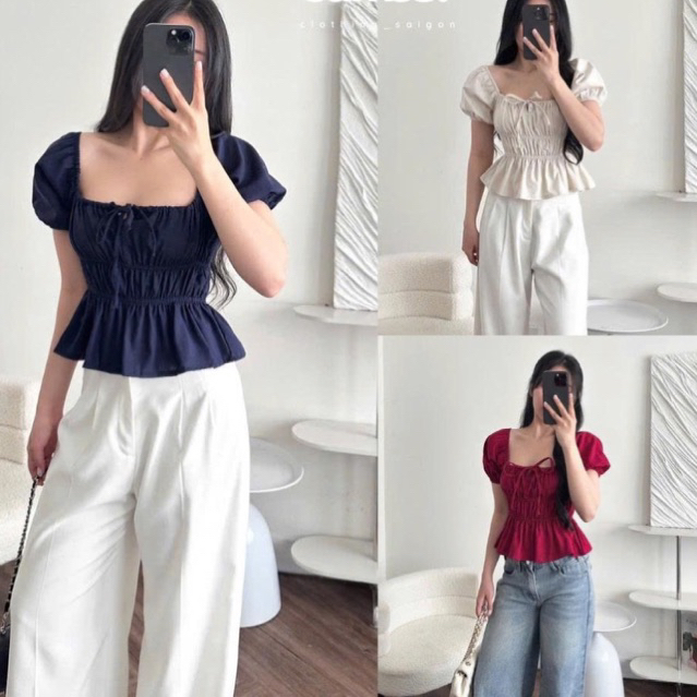 เสื้อเชิ้ต babydoll ผ้าลินินน่ารัก แขนพอง สไตล์เจ้าหญิง โบว์ บอดี้ คอต อกน่ารัก Kenco.clothing M329