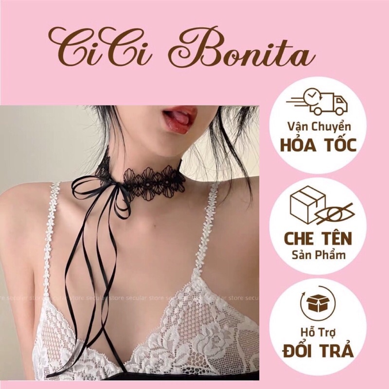 {CI BONITA} สร้อยคอโชคเกอร์ลูกไม้ลายดอกไม้สีดําและสีขาวที่มีเสน่ห์ CPK01