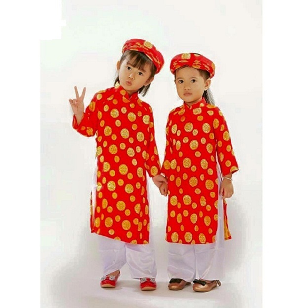 (เสื้อ+กางเกง+ผ้าคลุม หมวก) Original Ao Dai for Girls RED COIN Brocade Thai Tuan