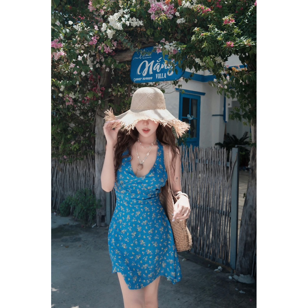 MPB เดรสลายดอกสีฟ้าคอปกสายเดี่ยว