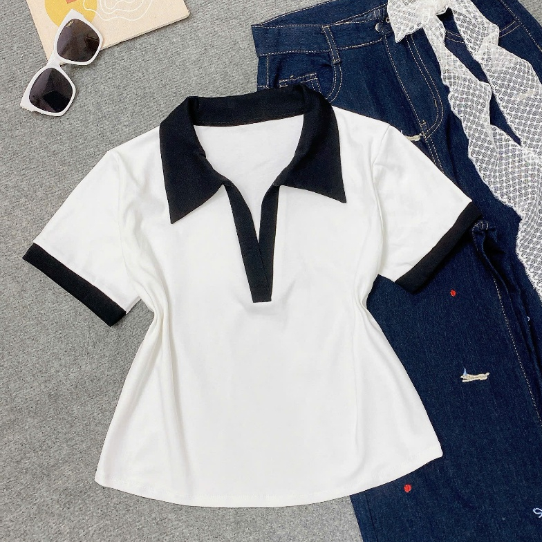 เสื้อยืดผู้หญิงไซส์ใหญ่เสื้อโปโลไซส์ใหญ่มีมิ้มสวยผ้าโบรปยืดหรูหรา 58-95กิโลกรัม – ก41