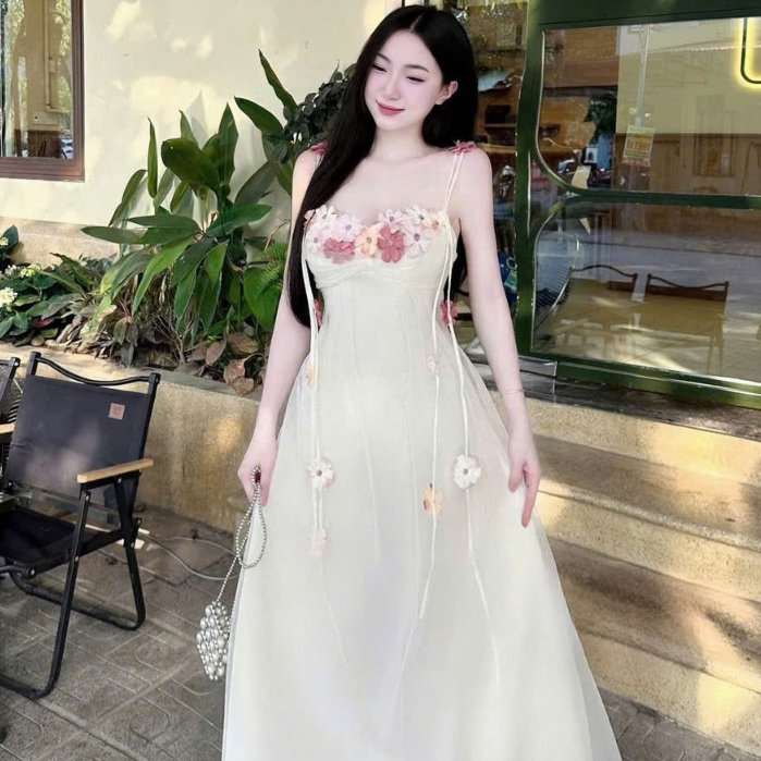 เดรสยาว - เดรสคุณแม่ชายหาดผู้หญิงผ้าไหมพรม 2 ชั้น เดรส2สายบานยาวช่วงอกแต่งดอกไม้สีวัยรุ่น