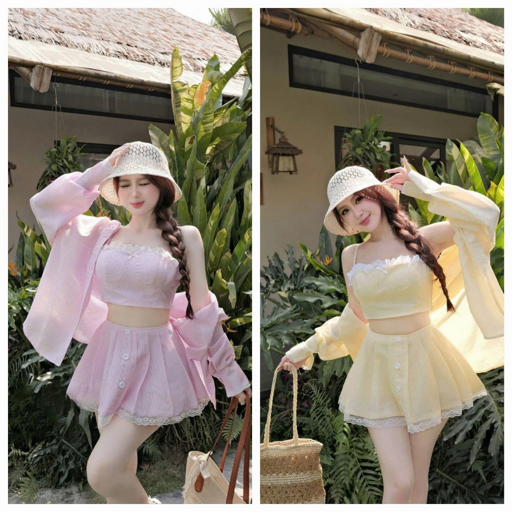 ชุดกระโปรงสั้น-ชุดชายหาด 3 ชิ้นสวยๆ เคท ผ้าไหม ลายสก๊อต ชุดท่อนบนลูกไม้ 2 ชิ้น ผสมกระโปรงบานสั้น + เสื้อแขนยาว – โปรปัง