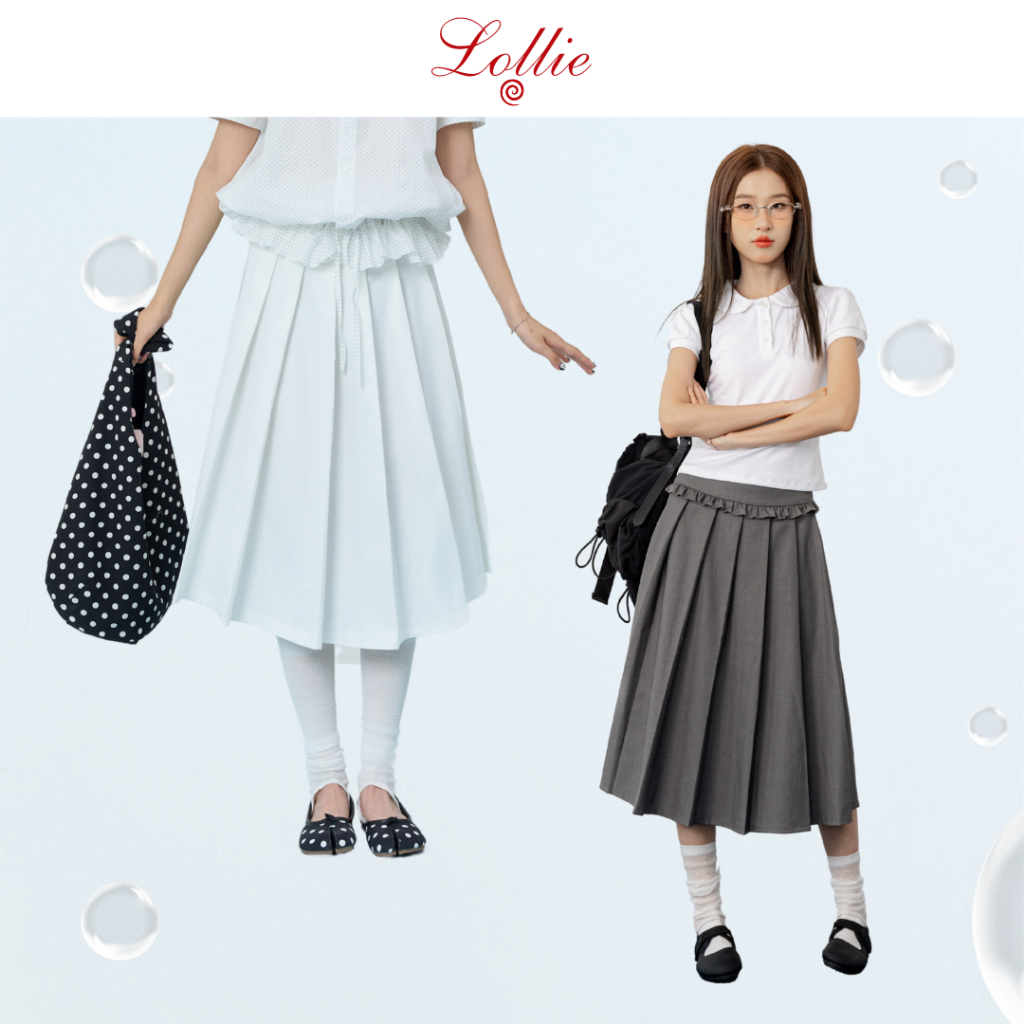LOLLIE STUDIO - PLETED MIDI SKIRT TKC48 high-end ออกแบบสีเทายาวกระโปรงสําหรับโรงเรียน
