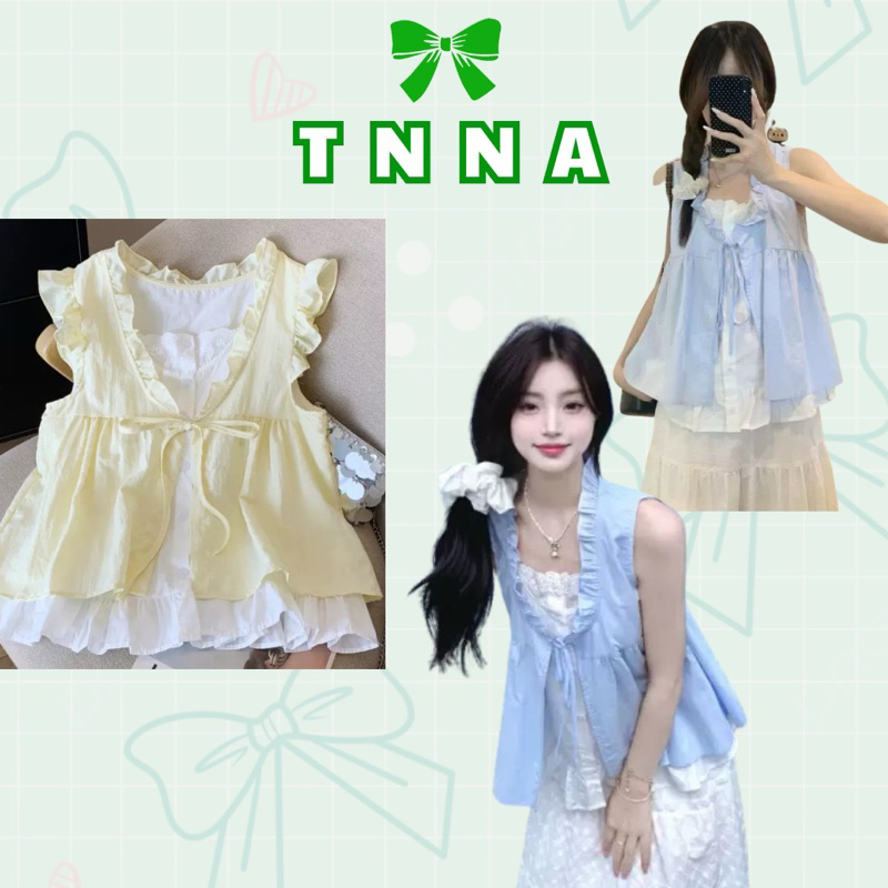 TNA_ QC babydoll เสื้อเชิ้ตคอปกจับจีบ 2 ชั้นและปีกนางฟ้าด้วยลูกไม้หวาน