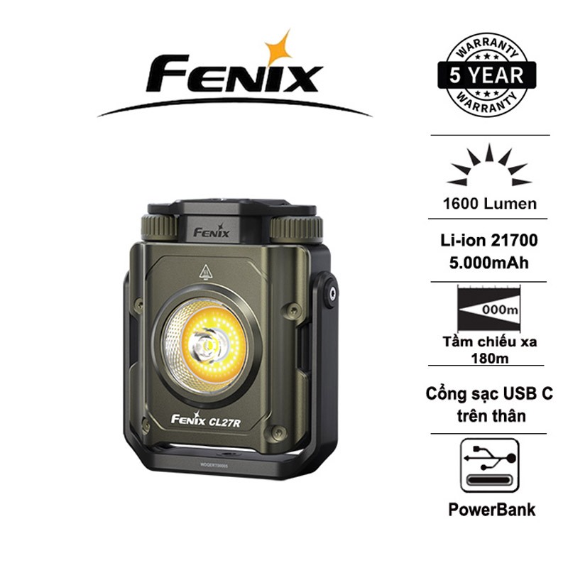 FENIX CL27R ไฟแคมป์ปิ้ง ความสว่าง 1600lm ช่วง 180 ม. แบต 5000mAH แท่นชาร์จ USB-C PowerBank แบบถอดเปล