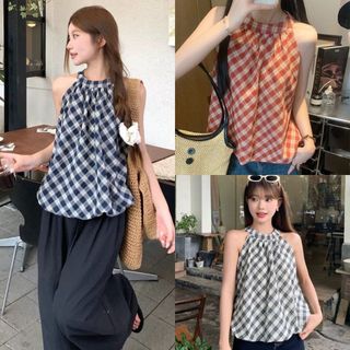 Áo Cổ Yếm Kẻ Caro Dáng Bí Phồng Nhiều Màu Phong Cách Vintage, Labibi