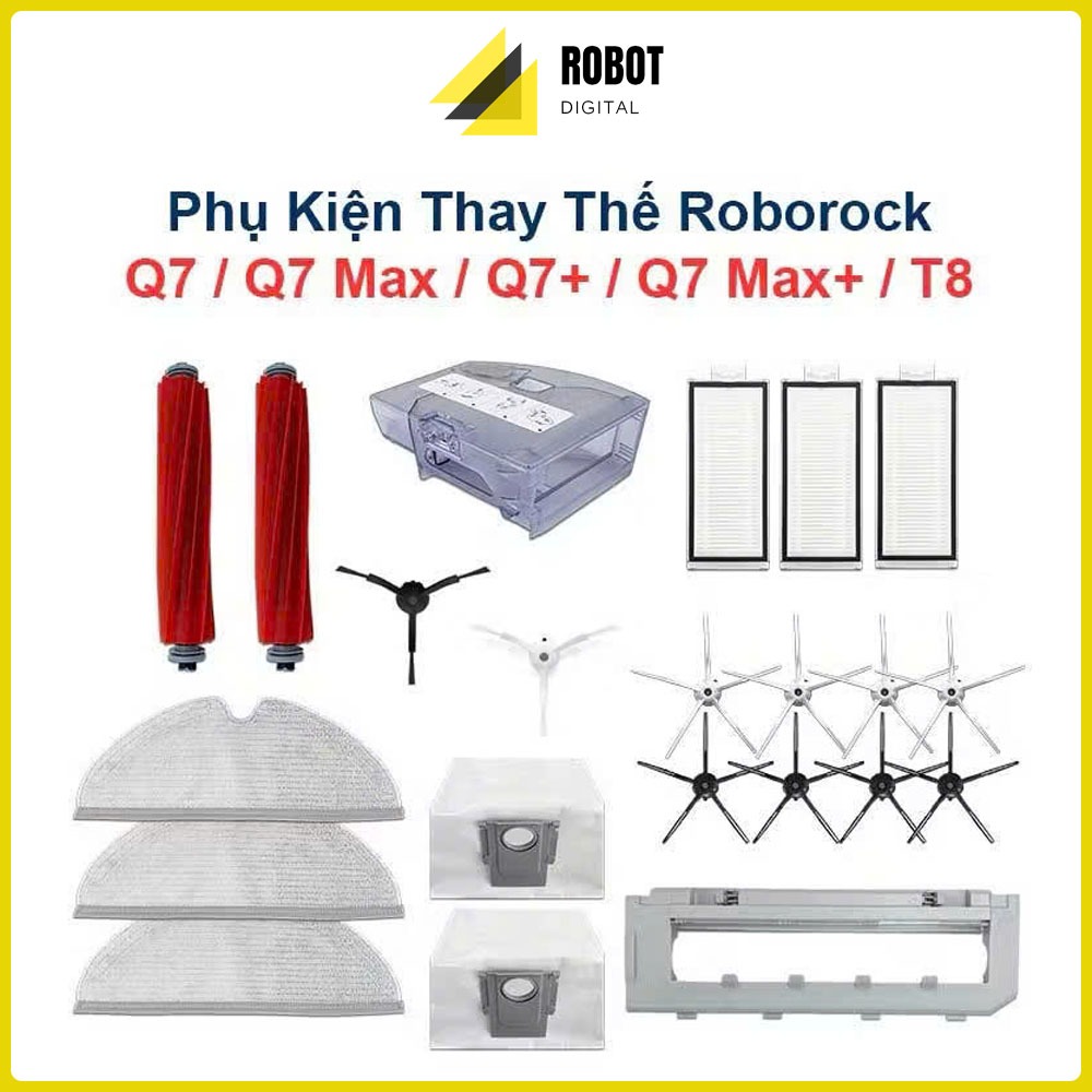 Roborock Q7 / Q7 Max / Q7+ / Q7 Max+ / T8 อุปกรณ์เสริมทดแทน - แปรงม้วน, ขอบ, แผ่นกรอง HEPA, ไม้ถูพื้