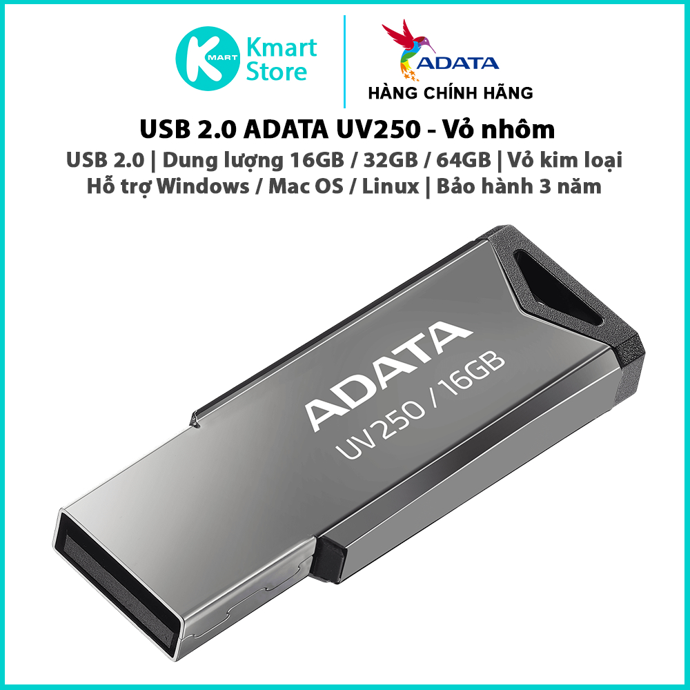 USB 2.0 ADATA UV250 | ความจุ 16GB / 32GB / 64GB | เคสโลหะ | หน้าต่าง/MacOS/Linus ที่รองรับ | 3 ปี