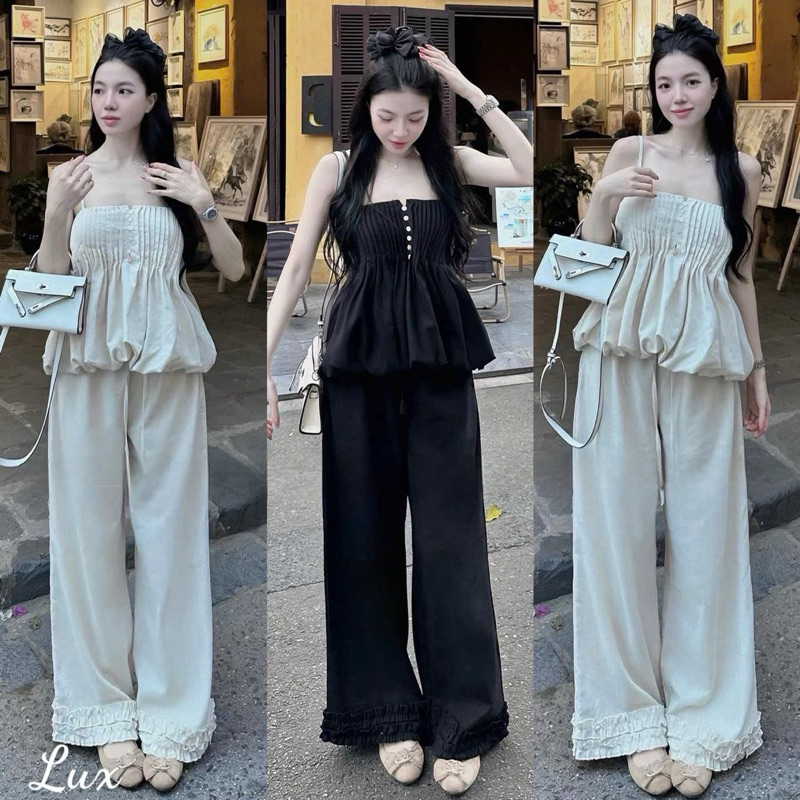 ชุดเสื้อกล้ามอัดพลีท 2 ชิ้น มีกระดุม และกางเกงหลวม