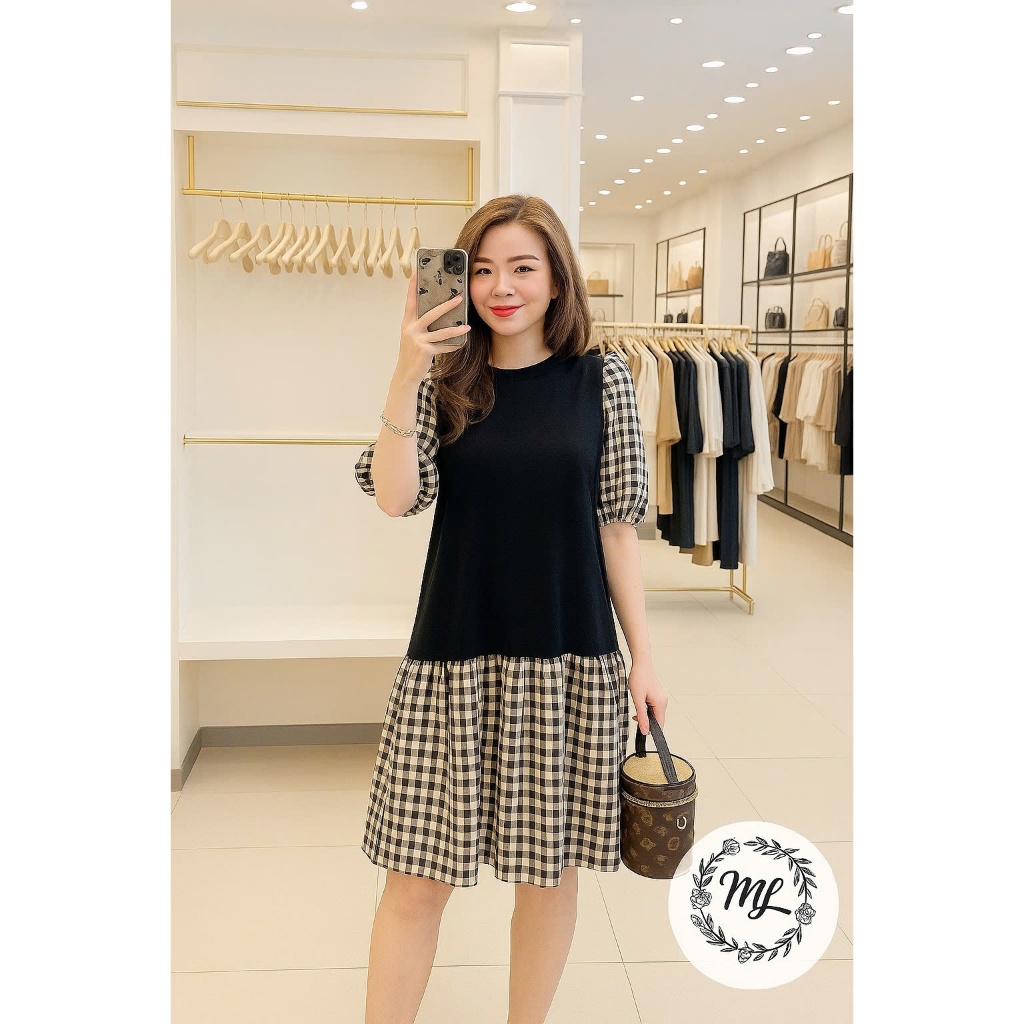 BIGSIZE STRAIGHT FORM DRESS WITH CARO SLEEVES (MS3023)