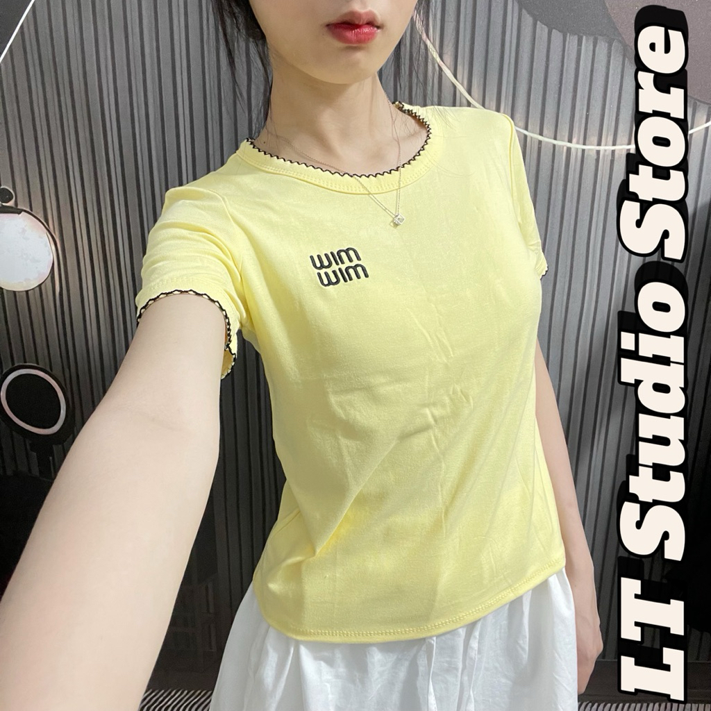 LT - เสื้อยืดผู้หญิงคอกลมคอตัวอักษรซิปผ้าคอตตอนนิ่มคูลๆ1013