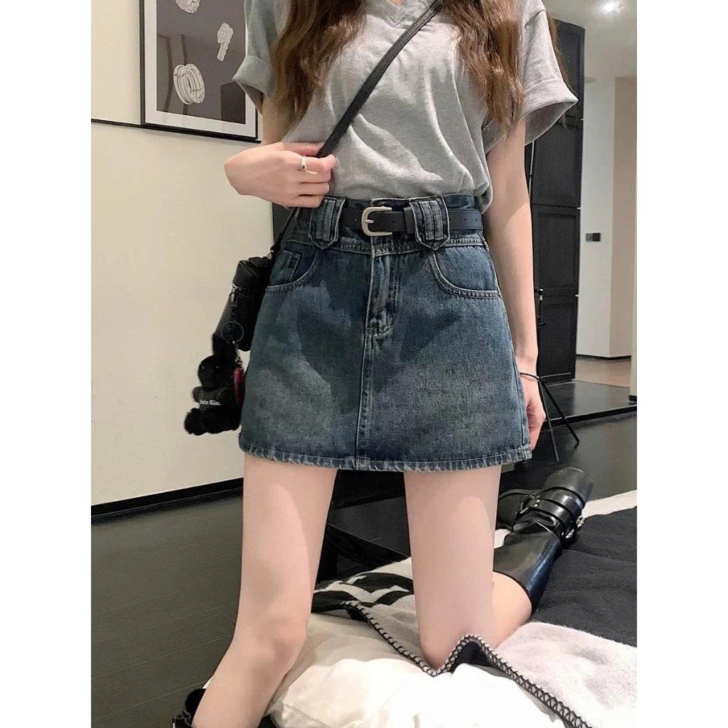กระโปรงยีนส์สั้นทรงเอเอวสูงสําหรับผู้หญิงพร้อมกางเกงชั้นในในวัสดุคุณภาพสูง V19 Jeanelle Store