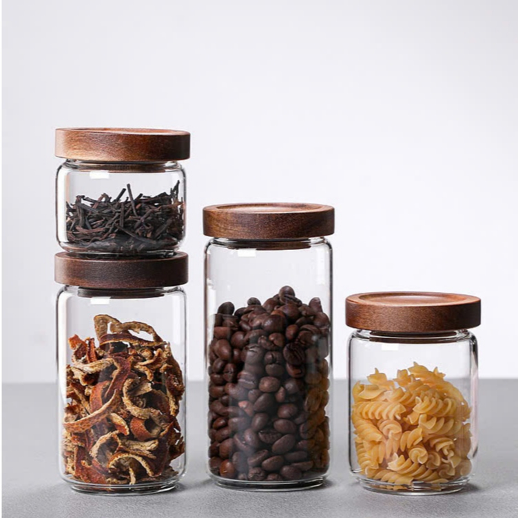 ขวดแก้ว Borosilicate ฝาไม้กดแบนสําหรับชา กาแฟ อาหารแห้ง 350ml~1600ml