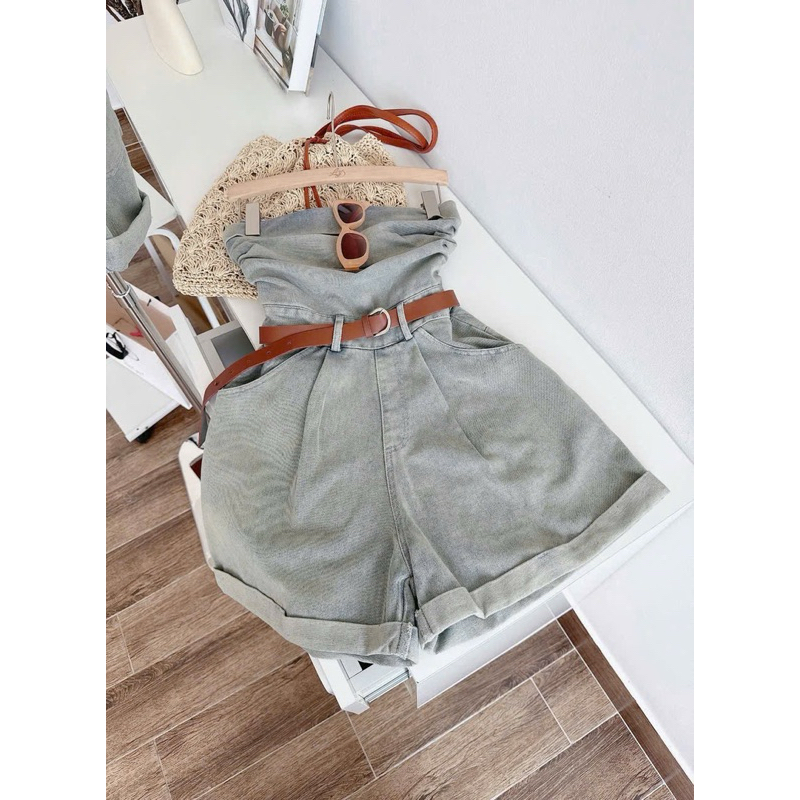 [Hangcosan] SP023340 JUMP JEAN SHORT WASH ROLLED BREAST WITH BROWN CORD