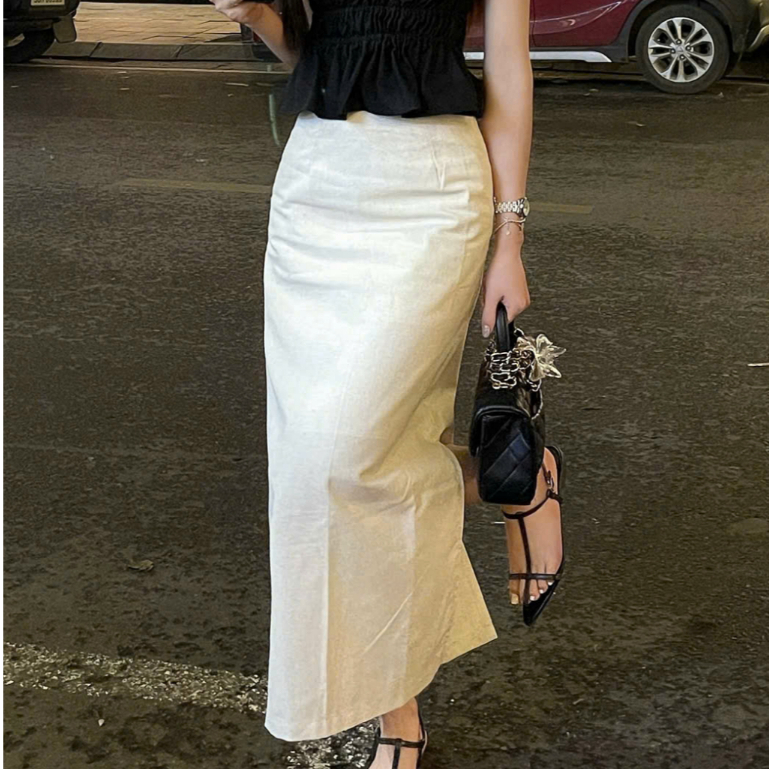Kimee Linen High Quality Linen A-Line Long Skirt Summer SS2025 ใส่ทํางานและออกไปข้างนอก 88CM