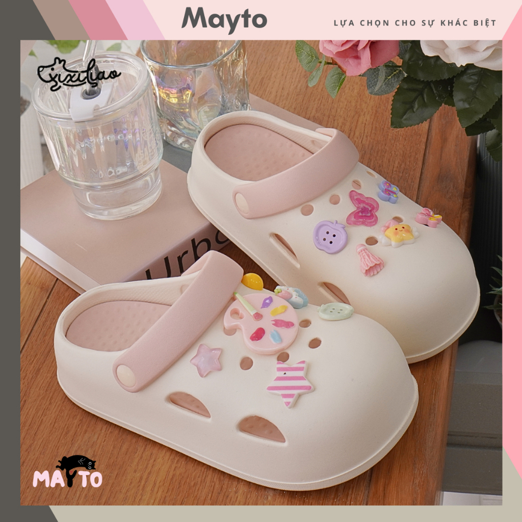 รองเท้าแตะผู้หญิง Mayto พื้นสูง 5 ซม. ทรงกลม และชาร์ม 12 ตัว โดย Painter XIXITIAO พร้อมสายหลังน่ารัก