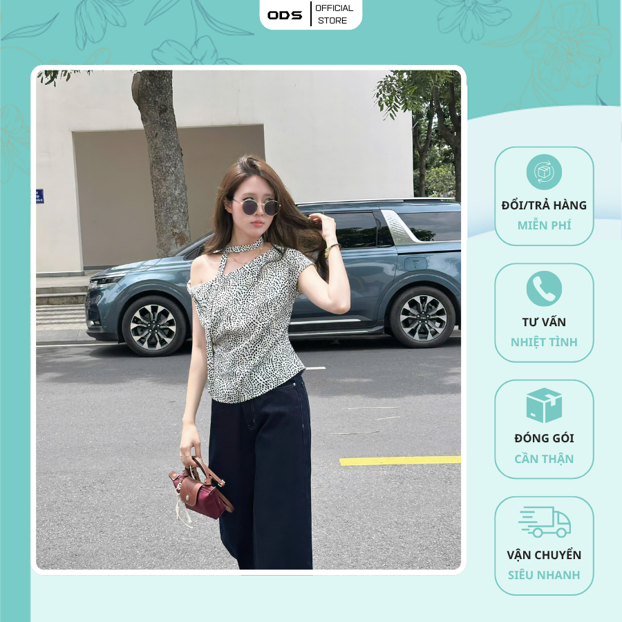 ODS Black Leopard White Blouse ดีไซน์คอออฟเซ็ต แขนจั๊ม ซิปหลัง ผูกคอส่วนบุคคล - GP4