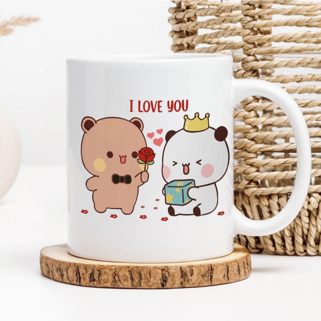 ถ้วยเซรามิกพร้อม Bubu Dudu I LOVE YOU พิมพ์ลายแล้วมาพร้อมพวงกุญแจ