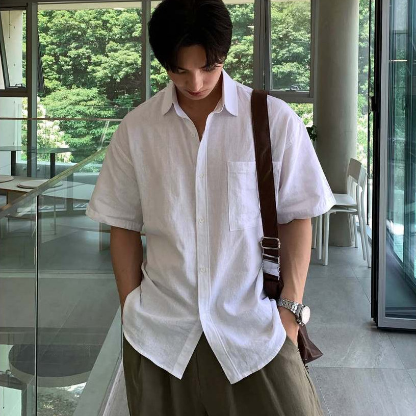 Halley Summer Cool Fashion Mens Linen Short Sleeve Beach Shirt Turn-down Collar A42
