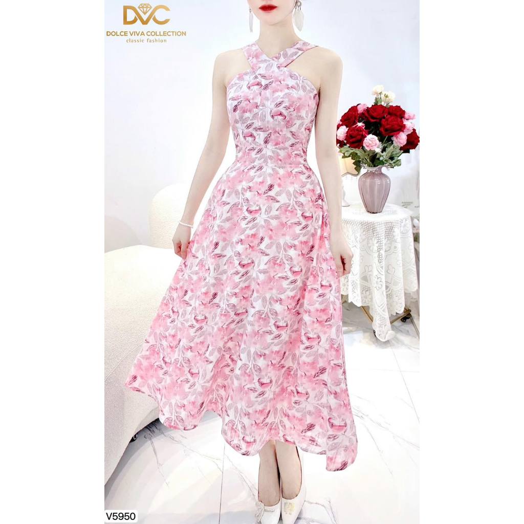 V5950 - เดรสแม็กซี่บีชคอไขว้สีชมพู - Dolce Viva Collection (DVC/ACC)