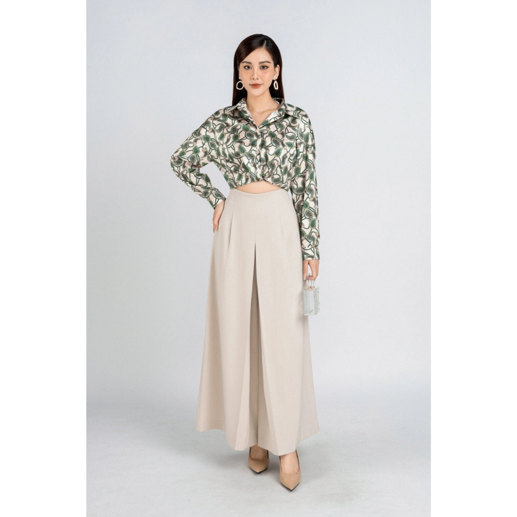 FQD51102 - กางเกงสํานักงานผ้าทรงหลวมขากว้างจับจีบบานและซิปหลัง - หอบติโอ