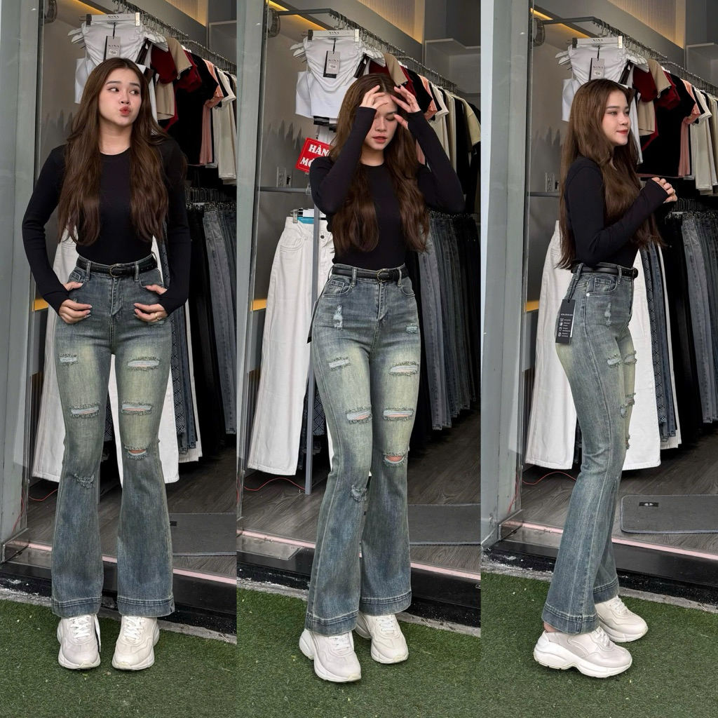 [N511 - NaNa Denim] กางเกงยีนส์ขาบานแบบฉีก ผลิตจากผ้า QC คุณภาพสูง สีมอสอ่อน ยาว 99 ซม.
