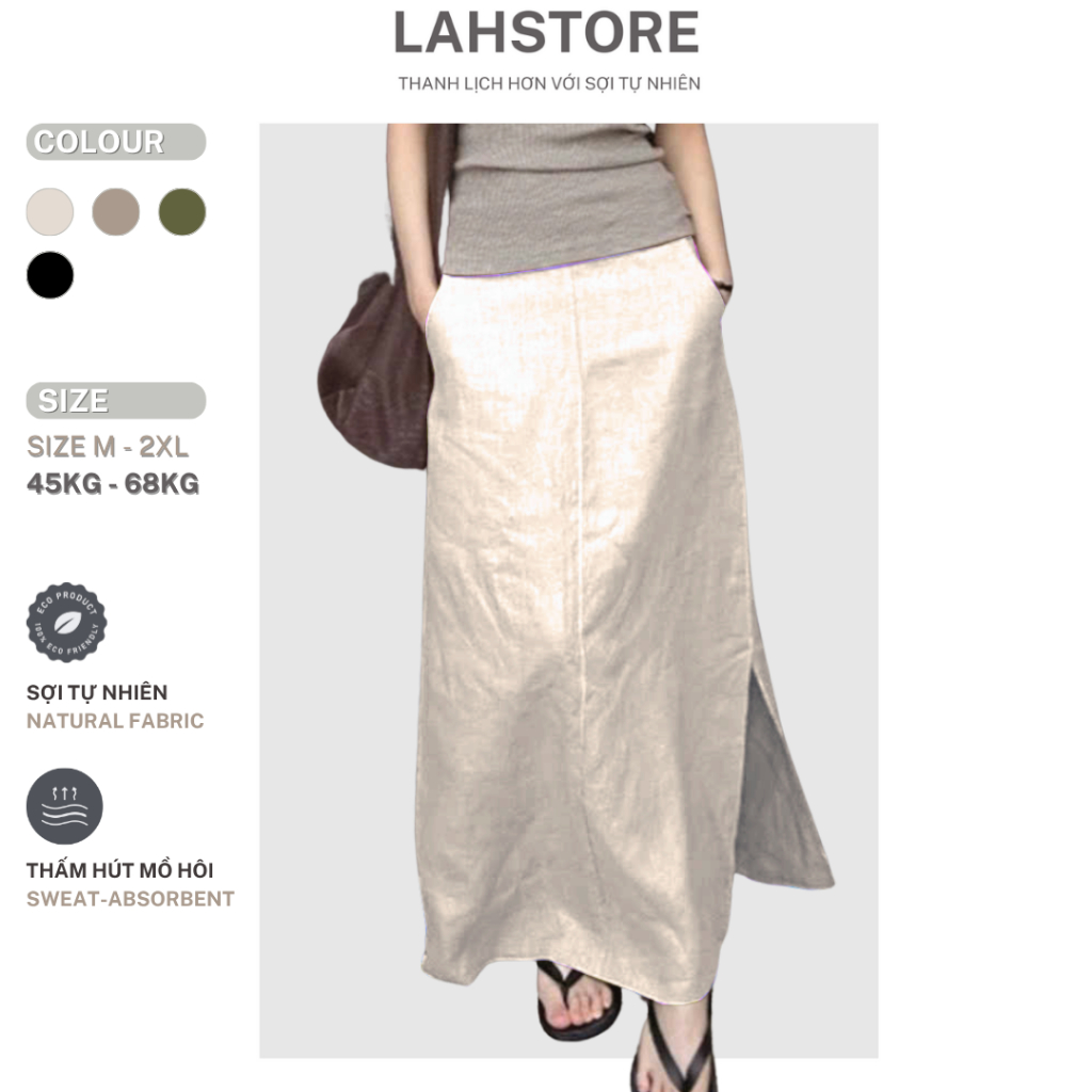 LAHSTORE กระโปรงยาวออฟฟิศผ้าลินินดิบเอวยางยืดและผ่าด้านเดียวพร้อมซิปข้าง CV01 (Salt and Pepper Beige)