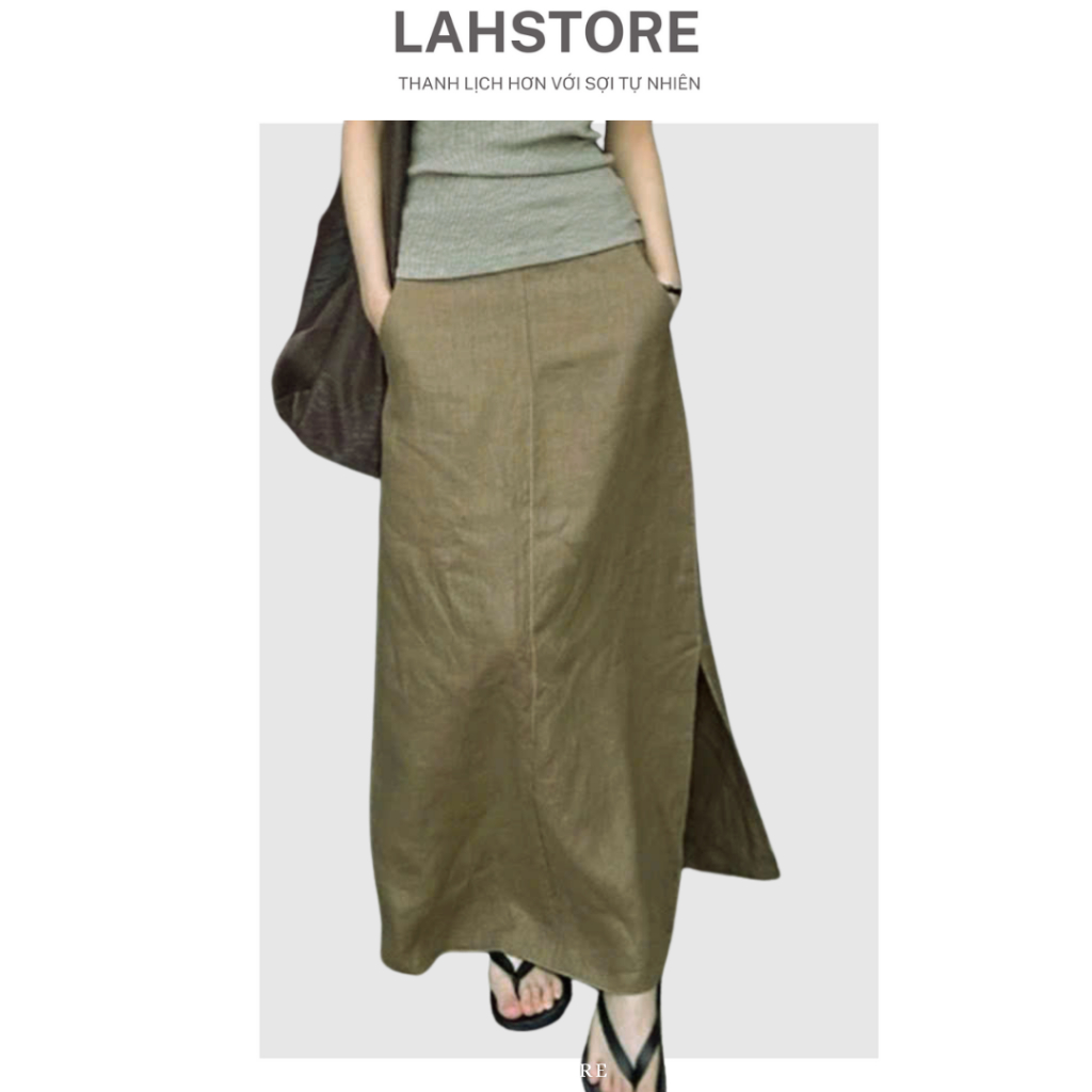 LAHSTORE กระโปรงสํานักงานยาวผ้าลินินดิบคุณภาพสูงเอวยางยืดและผ่าข้างเดียวทรงเบสิค CV01 (สีน้ําตาล) - รูปที่ 5