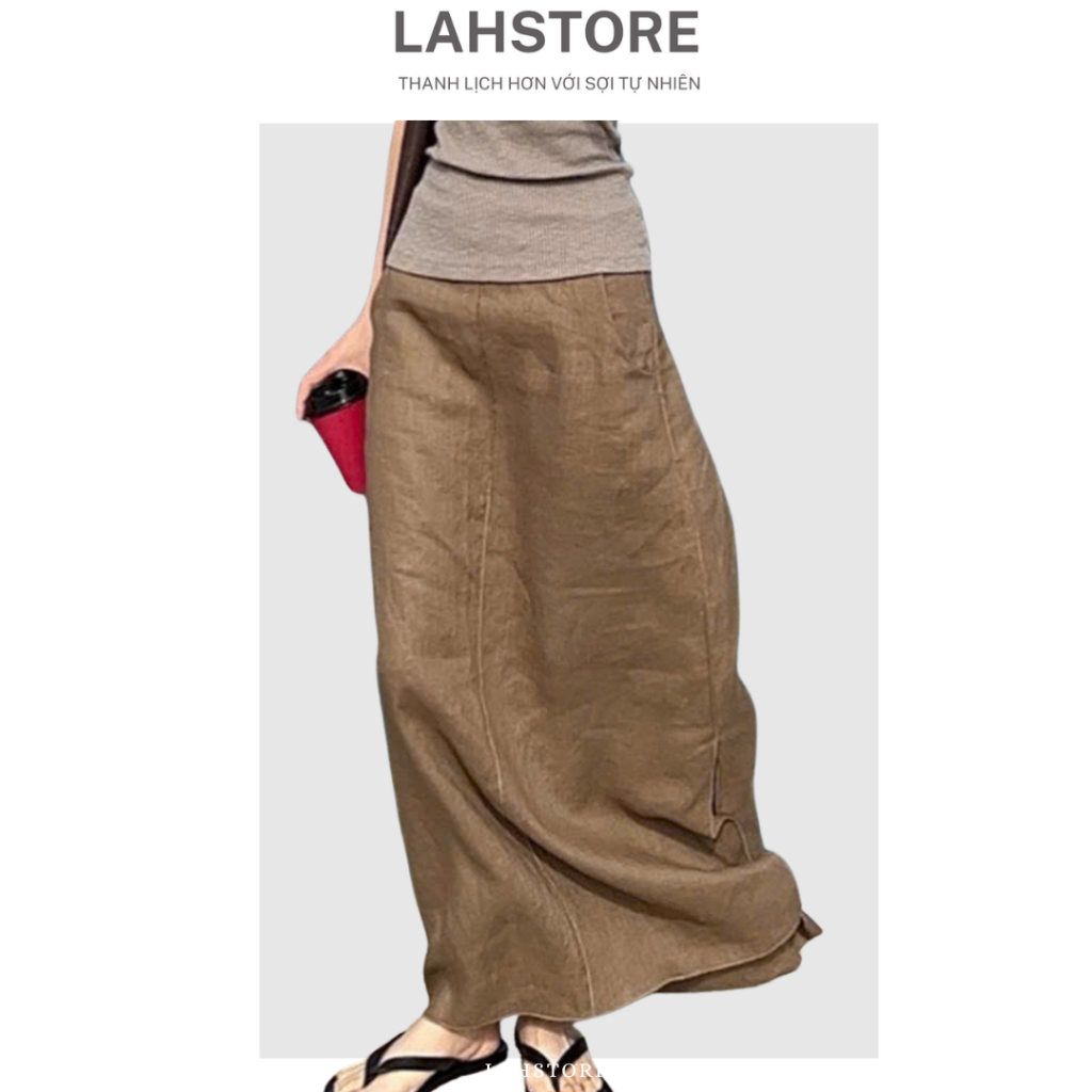 LAHSTORE กระโปรงสํานักงานยาวผ้าลินินดิบคุณภาพสูงเอวยางยืดและผ่าข้างเดียวทรงเบสิค CV01 (สีน้ําตาล) - รูปที่ 6