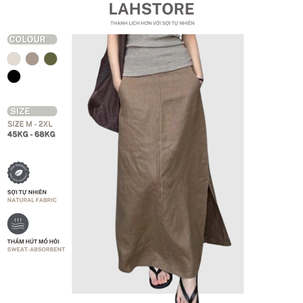 LAHSTORE กระโปรงสํานักงานยาวผ้าลินินดิบคุณภาพสูงเอวยางยืดและผ่าข้างเดียวทรงเบสิค CV01 (สีน้ําตาล)