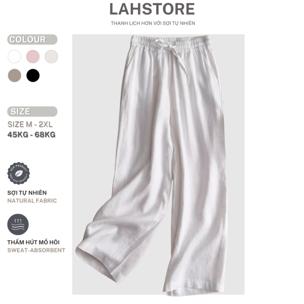 LAHSTORE กางเกงขากว้างผ้าลินินดิบเอวยางยืดและขอบเอว QD07 (สีขาว)