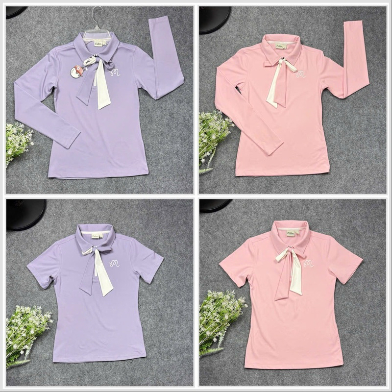 เสื้อกีฬาผู้หญิง (มีโบว์ผูก) สําหรับเล่นกอล์ฟ ดองบอล เทนนิส ออกงาน ผ้ายืดหยุ่นสวยทั้งตัว เนื้อนิ่มเย็น ทรงสวย