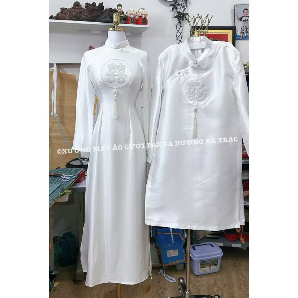 [READY for 4 HOURS EXPRESS - REAL PHOTOS] TAFTA MENS WHITE Ao Dai PAIR OF WHITE WOOD GRAIN SILK WITH