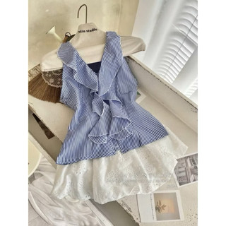 [Deal Mở Bán] Áo Kiểu Nữ Sọc Kẻ Cổ Yếm Cột Eo Viền Bèo Ngực Hottrend. Đủ Size
