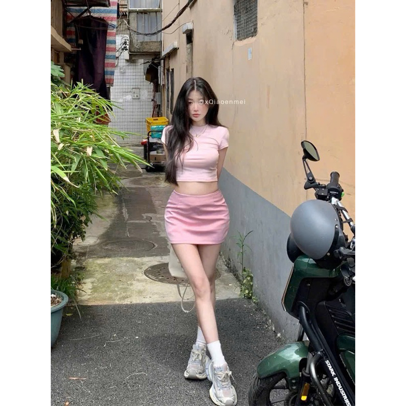 Set Top + Short Pink SKIRT, Low-Rise Silk SKIRT, Bodycon, แบบหนา, SHORT A-LINE, MINI SKIRT FOR GOING