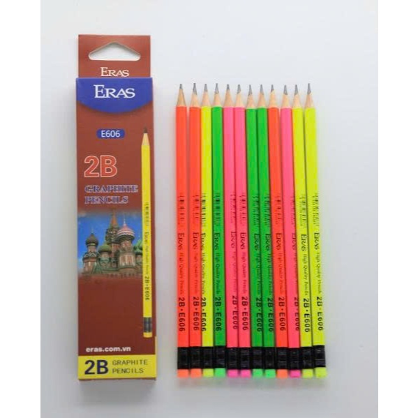 [ERASVN] Combo of 6 Eras E606 ดินสอไม้ทาสี 2B พร้อมยางลบ
