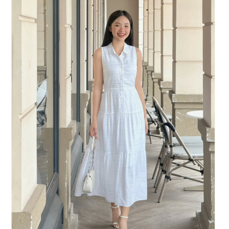 VIEN TRAN V63M25H006 แม็กซี่เดรสแขนกุดคอปกเยอรมันบาน 2 ชั้น