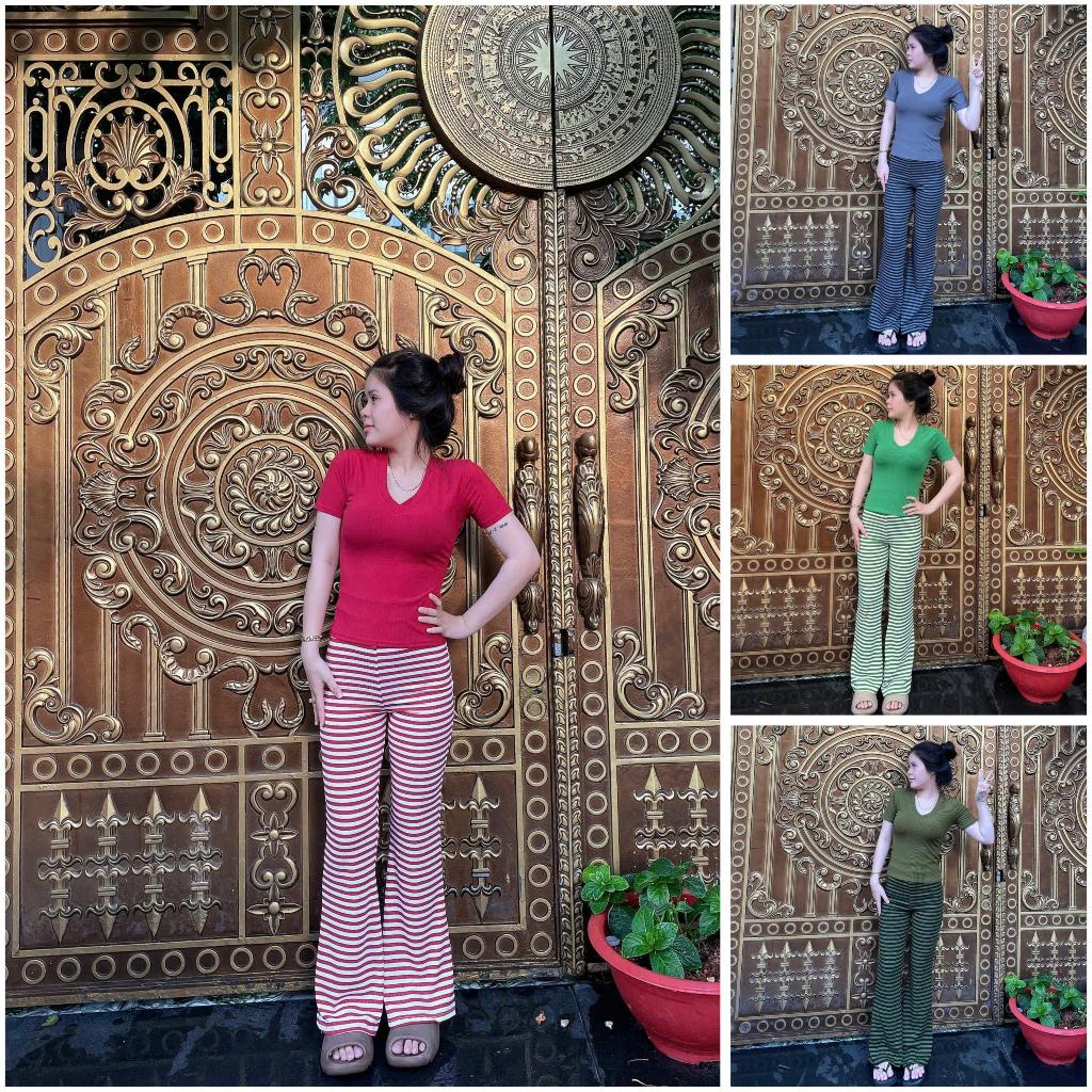 เซ็ตเสื้อคอเต่ากางเกงบานลายริ้ว อ่อนเยาว์ สวย อ่อนเยาว์ แฟชั่น_sbt_766ก