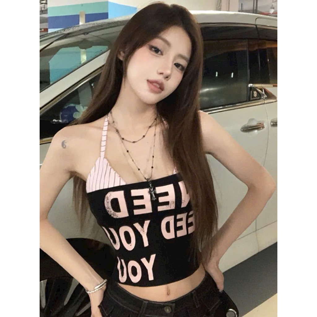 LT - เสื้อกล้ามคล้องคอผู้หญิง ชุดเซต 2 ชิ้น รวมบราลายริ้วผสมเกาะอกผ้าฝ้าย สไตล์ ออลจัง ย2เค บุคลิกภา