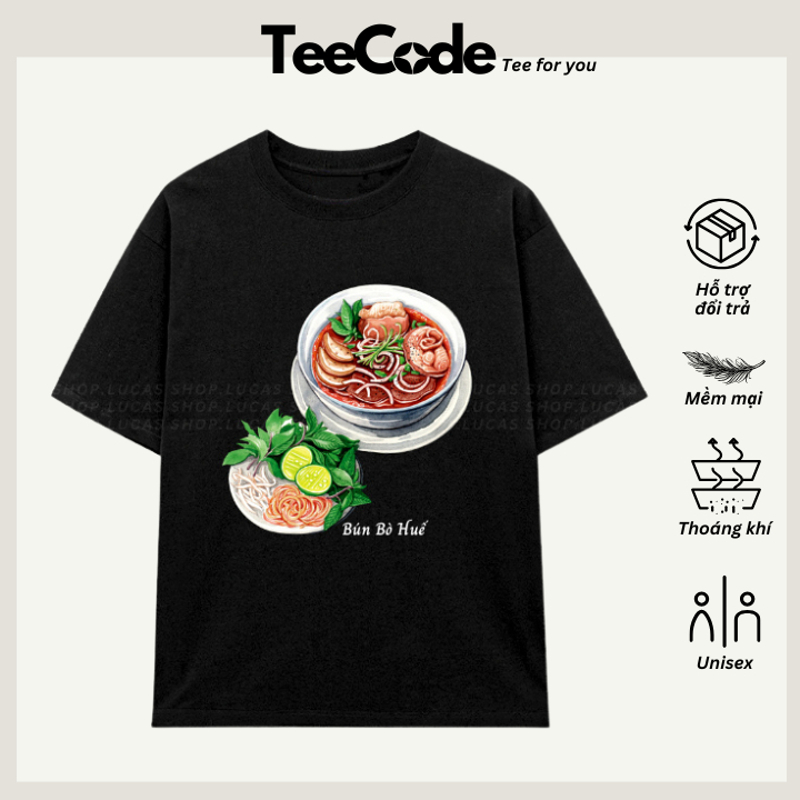 เสื้อยืดเวียดนาม HUE BEEF Noodles Vietnam Food Travel Letter พิมพ์ผู้ชายและผู้หญิง Unisex คอกลมแนวโน