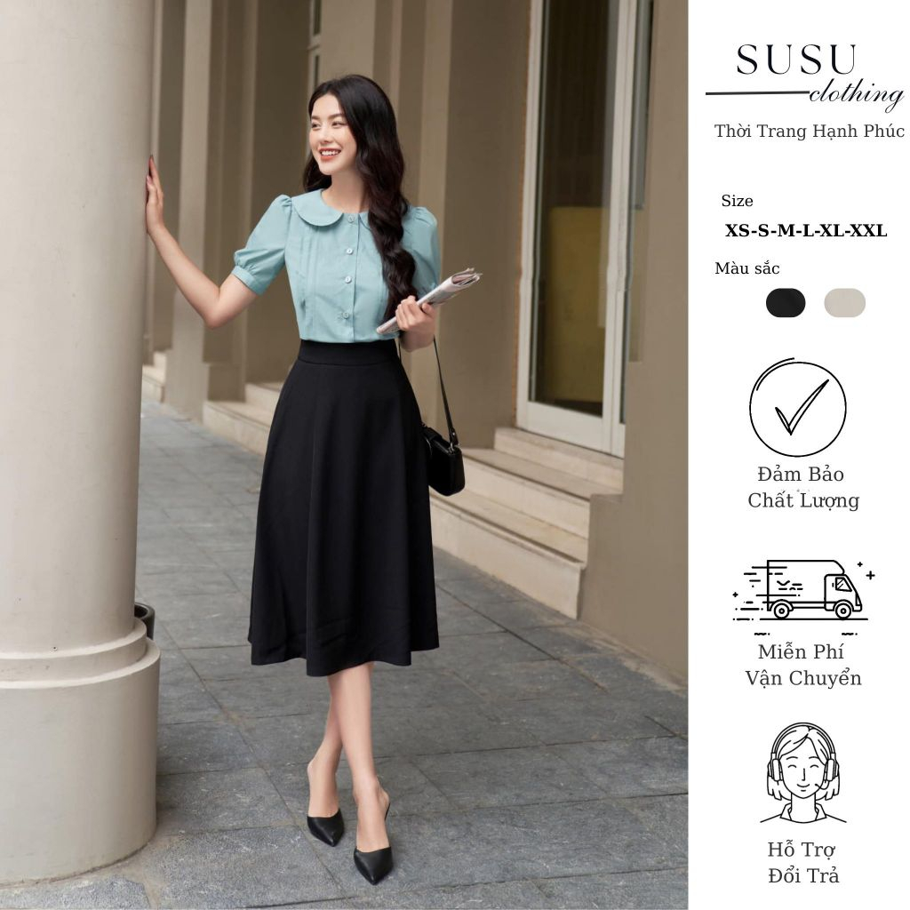 Susuclothing กระโปรงบานยาวถึงเข่า มีกระเป๋าทั้งสองด้าน บานเล็กน้อย d68cm