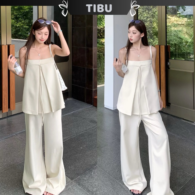 ติบู ชุดเสื้อและกางเกงสองชิ้นและกางเกงขากว้างชุดผู้หญิงเก๋สําหรับออกไปข้างนอกปาร์ตี้สตรีทชายหาด ข499