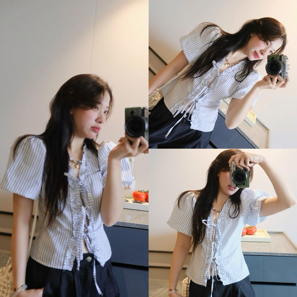 (OLDSCHOOL PHOTO) เสื้อเชิ้ตลายทาง AUDREY TOP ผูกโบว์